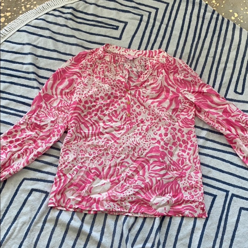 Lily Pulitzer pink leopard silk top